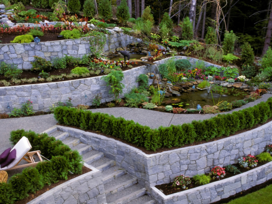 A multilevel backyard garden with diverse trees and plants and retaining walls lining a concrete path.