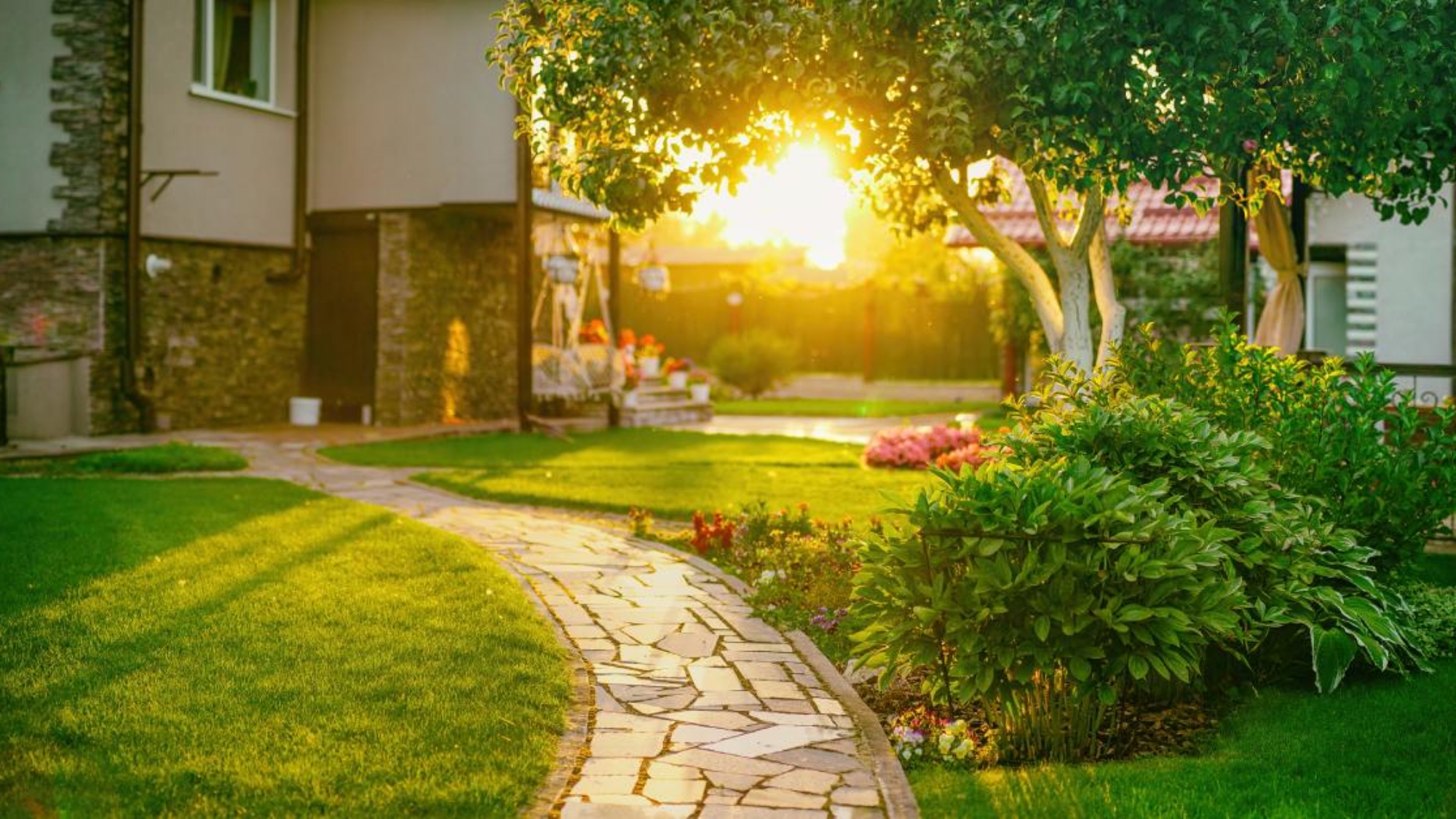 A sunlit backyard contains a stone pathway, lush green grass, vibrant flowers, and a tree casting dappled light.