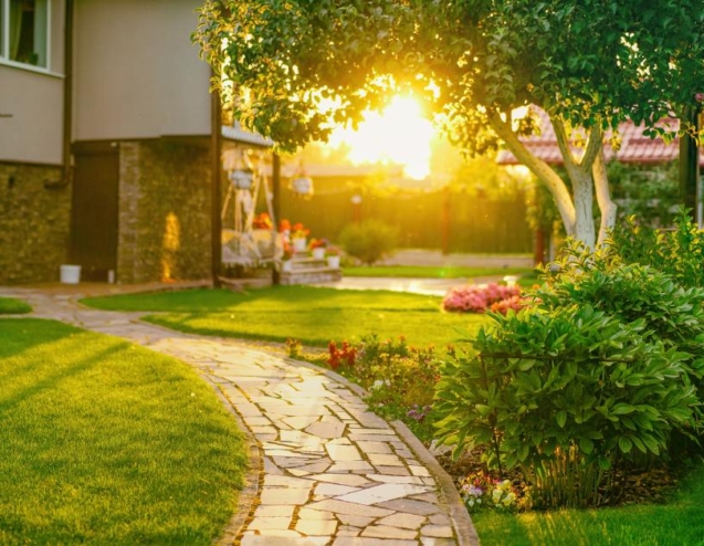 A sunlit backyard contains a stone pathway, lush green grass, vibrant flowers, and a tree casting dappled light.