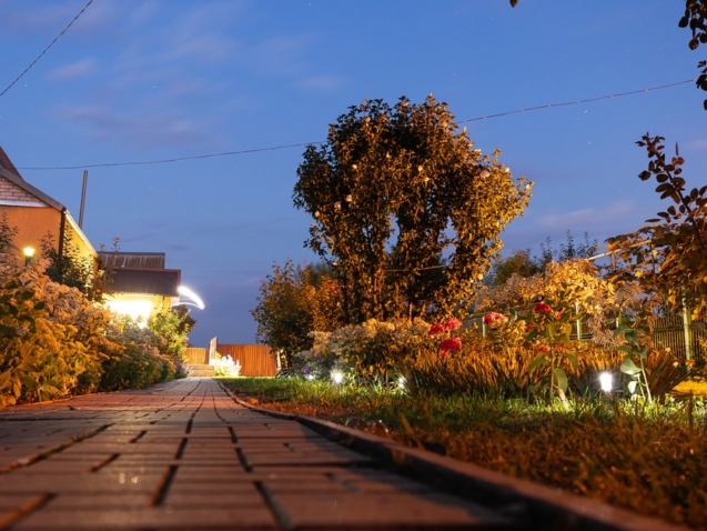 A brick paver walkway leads through an illuminated backyard garden at dusk with trees and landscape lighting visible.