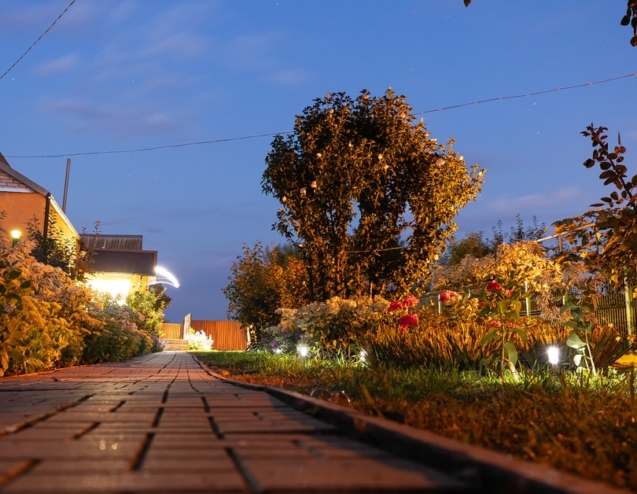 A brick paver walkway leads through an illuminated backyard garden at dusk with trees and landscape lighting visible.