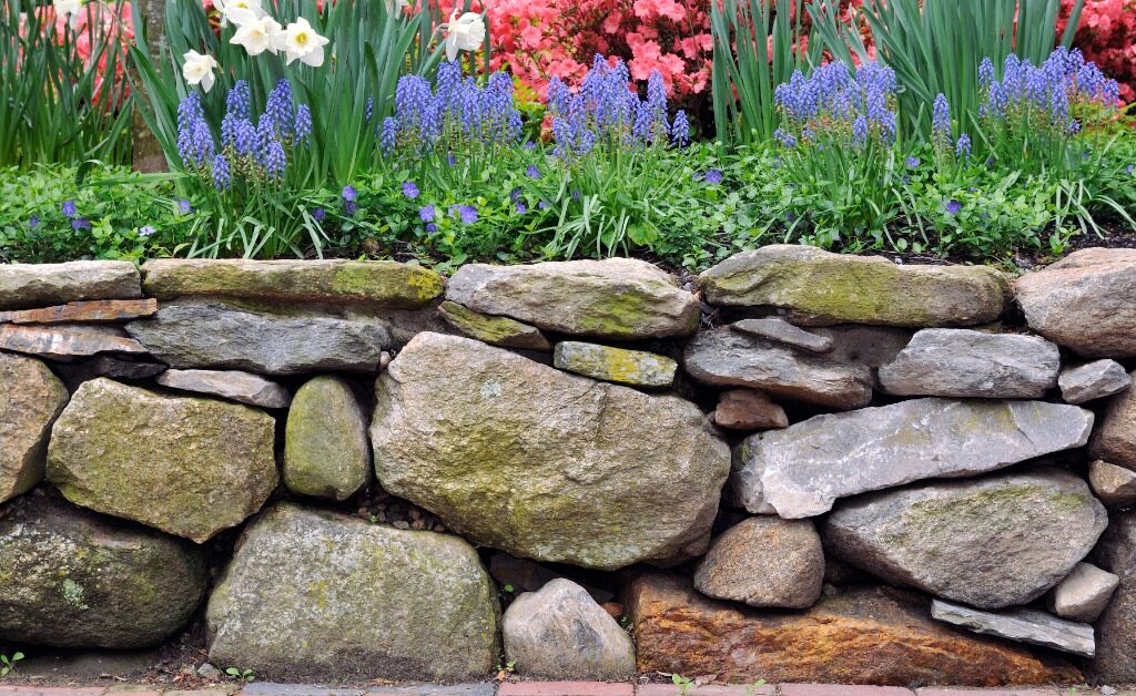A natural stone retaining wall supports a lush garden filled with blue, white, pink, and orange spring flowers.