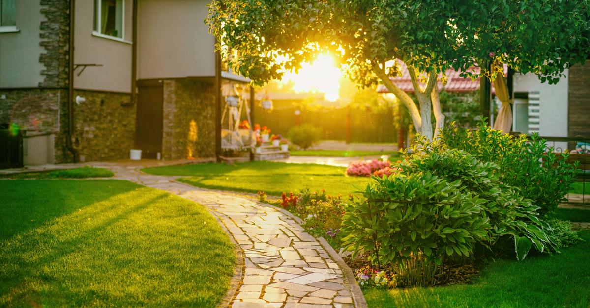A sunlit backyard contains a stone pathway, lush green grass, vibrant flowers, and a tree casting dappled light.