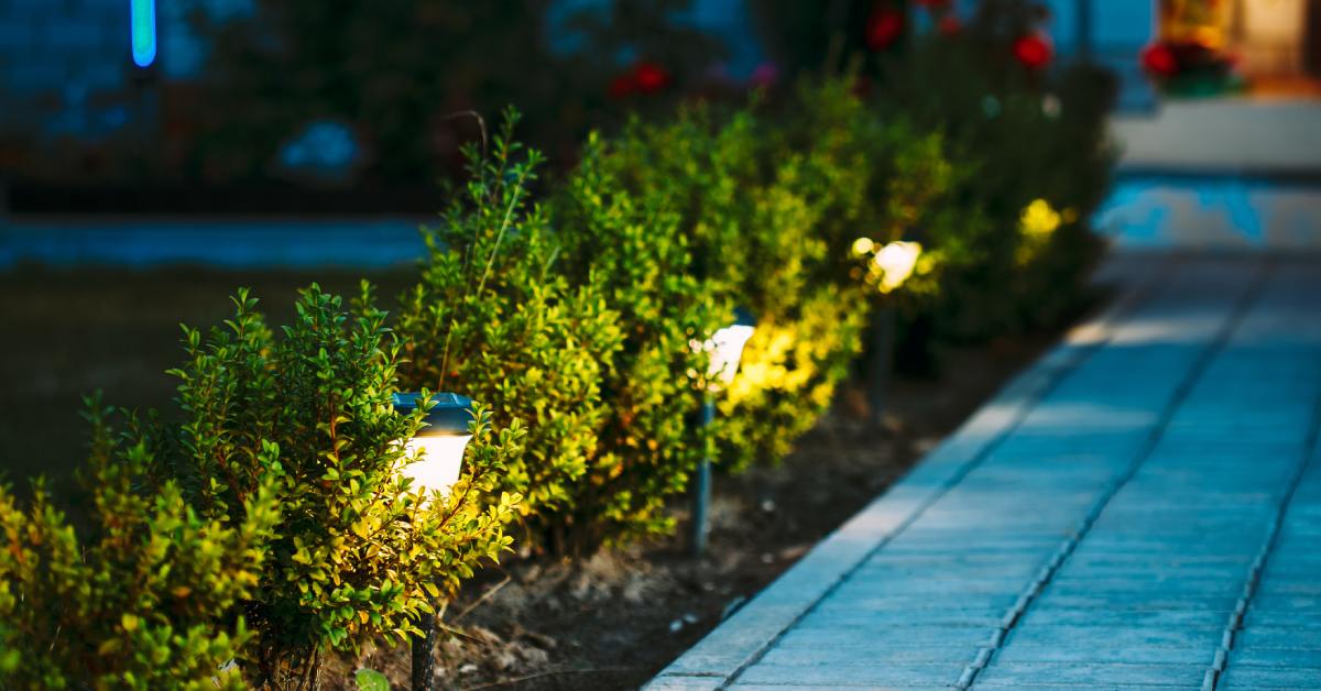 A paved pathway lit by warm garden lights runs alongside green bushes, leading to a blurred home in an evening setting.