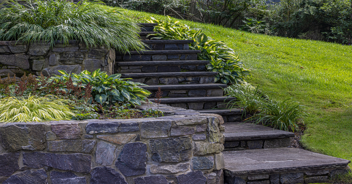 A stone staircase ascends a grassy hillside, flanked by lush plants, hostas, ornamental grasses, and stone retaining walls.